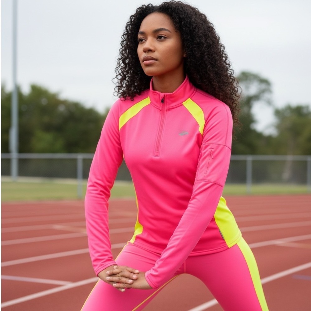Brooks Women's Neon Pink Yellow Athletic Quarter‎ Zip Pullover Shirt Top Size M